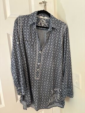 Subtle Luxury Blue Floral Button-Front Tunic Shirt Cotton S/M